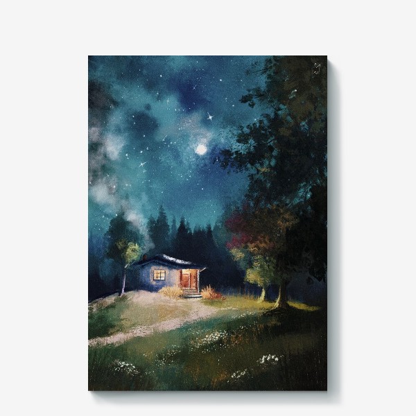 Холст «Лунная ночь, красивый ночной пейзаж маслом с домиком, деревьями и звездным небом»