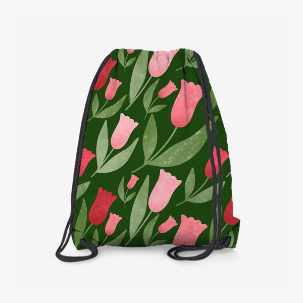 Рюкзак «Тюльпаны на тёмном фоне Принт с акварельными тюльпанами на зеленом фоне»