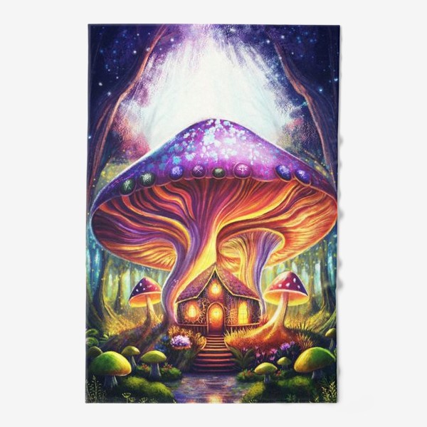 Полотенце «Домик колдуньи под грибом, волшебный лес с домом болотной волшебницы»