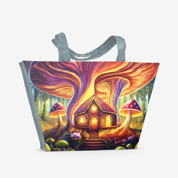 Пляжная сумка «Домик колдуньи под грибом, волшебный лес с домом болотной волшебницы»