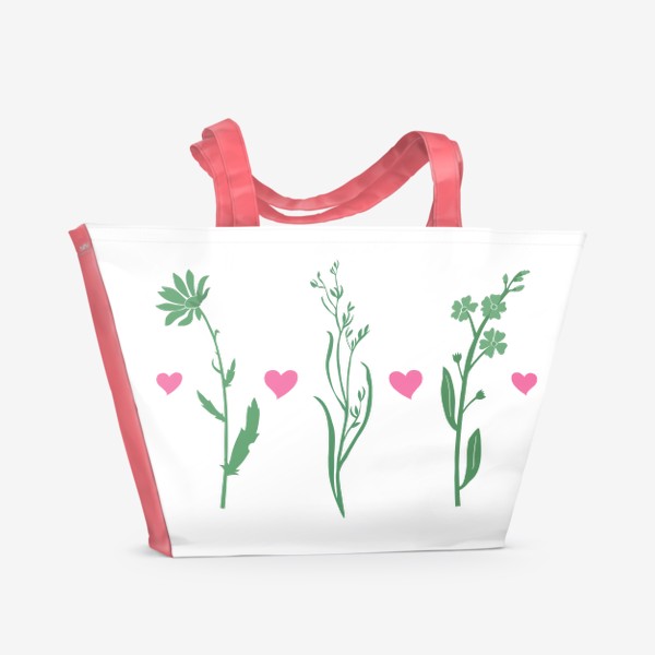 Пляжная сумка «Цветочки, сердечки. Зеленый, розовый.»