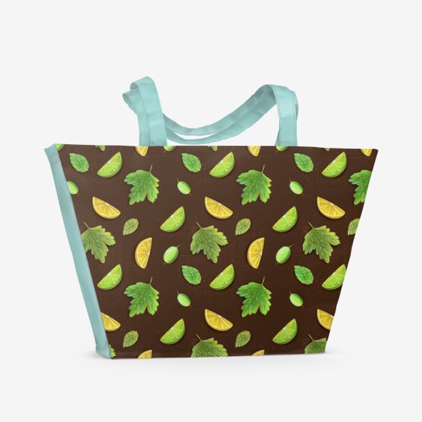 Пляжная сумка «Дольки лимона и  лайма  крыжовник  и листья на коричневом фоне»