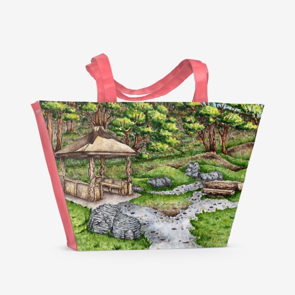 Пляжная сумка «Беседка в лесу акварель»