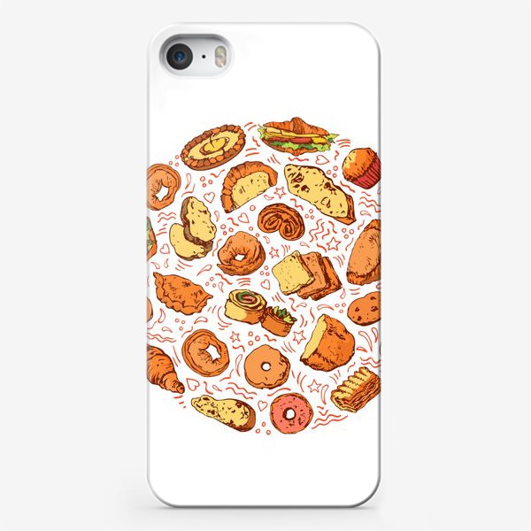 Чехол iPhone «Вкусная выпечка. Скетчи в круговом дизайне. Булочки, хлеб, круассаны, печенье, слойки. Подарок любителю выпечки»