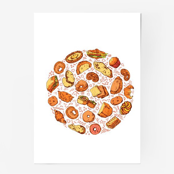 Постер «Вкусная выпечка. Скетчи в круговом дизайне. Булочки, хлеб, круассаны, печенье, слойки. Подарок любителю выпечки»
