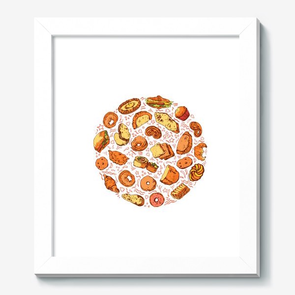 Картина «Вкусная выпечка. Скетчи в круговом дизайне. Булочки, хлеб, круассаны, печенье, слойки. Подарок любителю выпечки»