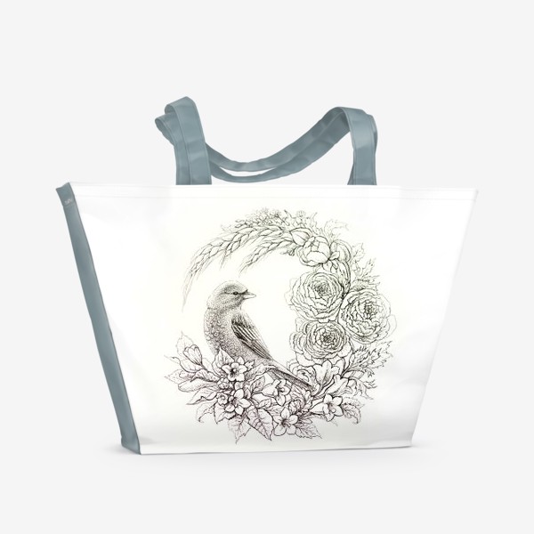 Пляжная сумка «Графика. Птица и цветы»