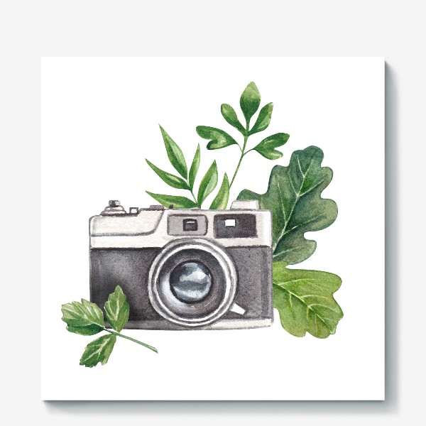 Холст «Акварель Фотоаппарат в листьях»