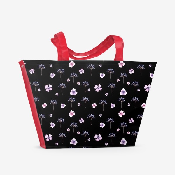 Пляжная сумка «Нежные цветы на черном фоне»