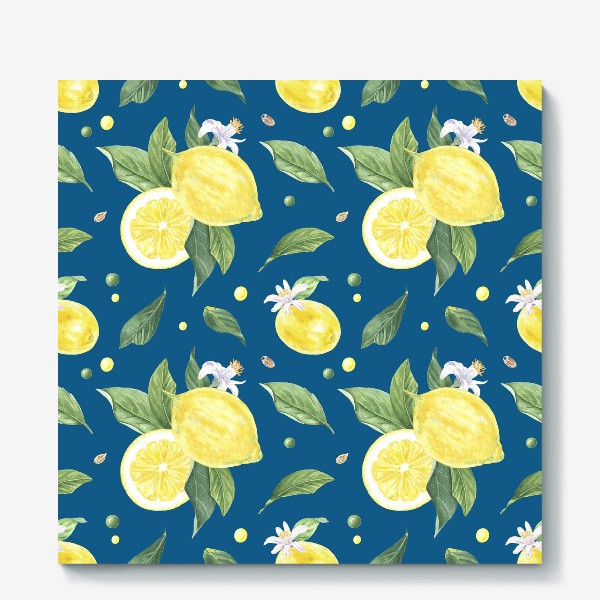 Холст «Лимоны и цветы с листьями на синем фоне»