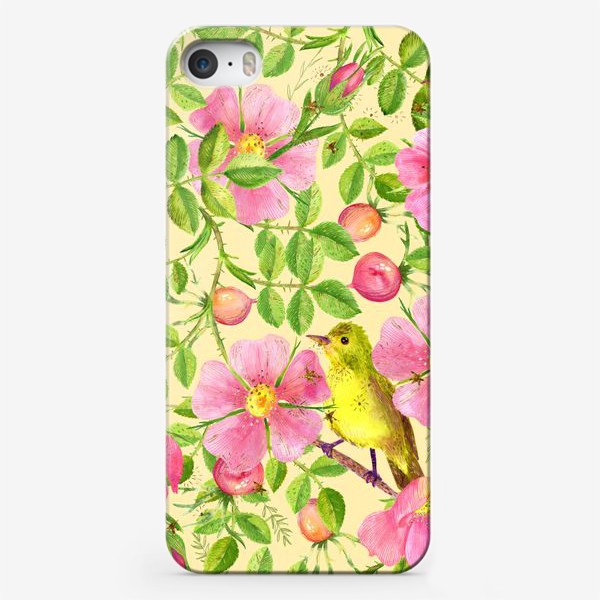 Чехол iPhone «Акварельный шиповник и птицы. Розовые цветы  и желтые птицы»