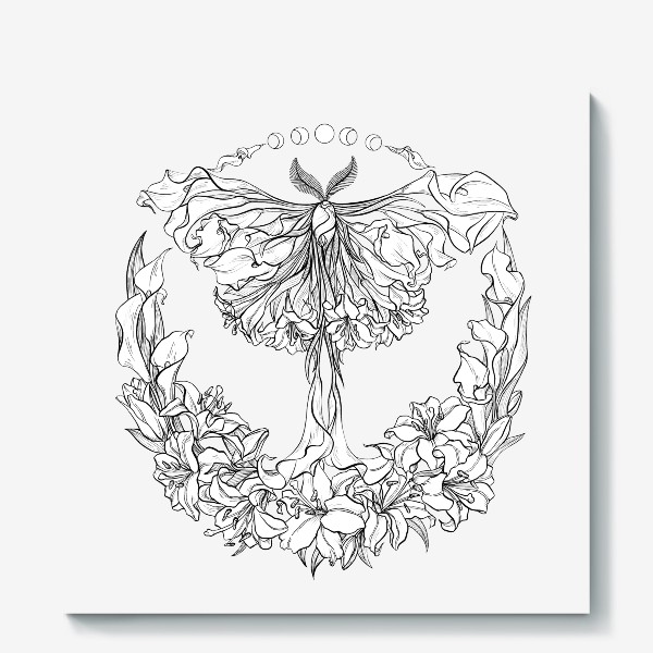 Холст &laquo;Ночная бабочка, мотылек, цветы&raquo;