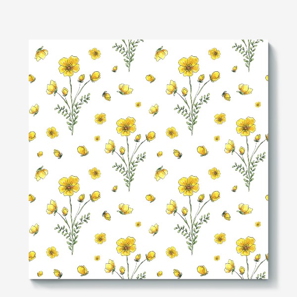 Холст «Полевые цветы, желтые лютики на белом фоне»