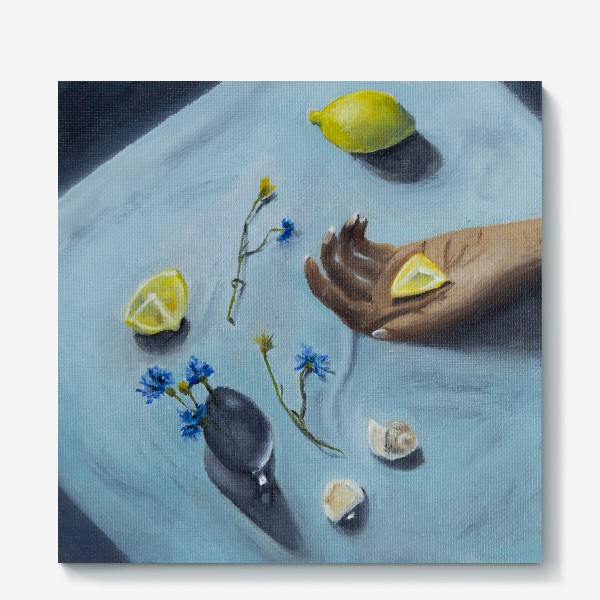 Холст «Натюрморт с лимонами и васильками. Масляные краски»