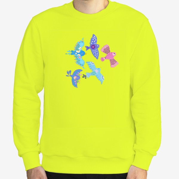 Свитшот &laquo;Голубые, сиреневые, розовая птицы счастья с цветами&raquo;
