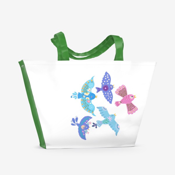 Пляжная сумка «Голубые, сиреневые, розовая птицы счастья с цветами»
