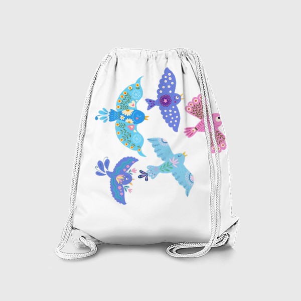 Рюкзак «Голубые, сиреневые, розовая птицы счастья с цветами»