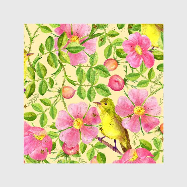 Шторы «Акварельный шиповник и птицы. Розовые цветы  и желтые птицы»