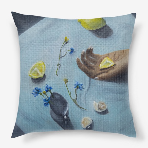 Подушка «Натюрморт с лимонами и васильками. Масляные краски»