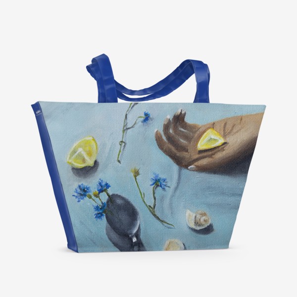 Пляжная сумка &laquo;Натюрморт с лимонами и васильками. Масляные краски&raquo;