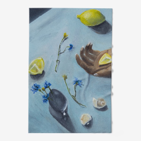Полотенце «Натюрморт с лимонами и васильками. Масляные краски»
