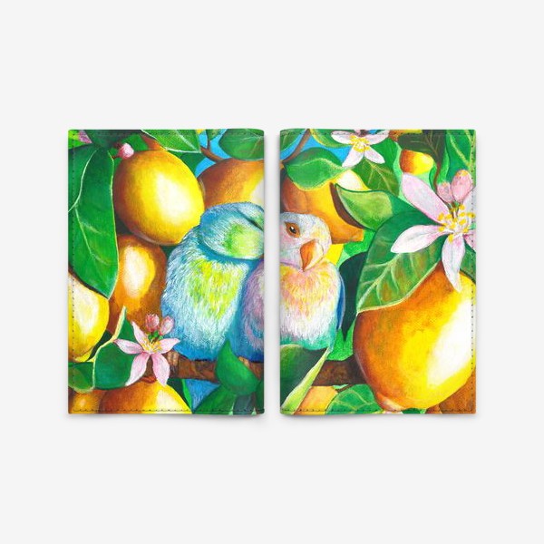 Обложка для паспорта «Попугаи в лимонах»