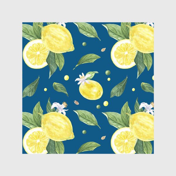 Шторы «Лимоны и цветы с листьями на синем фоне»