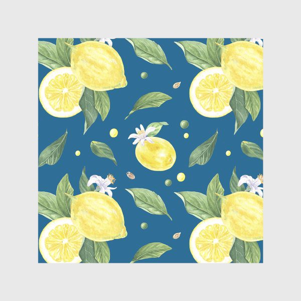 Скатерть «Лимоны и цветы с листьями на синем фоне»