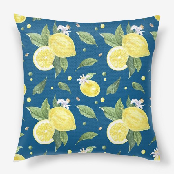 Подушка «Лимоны и цветы с листьями на синем фоне»