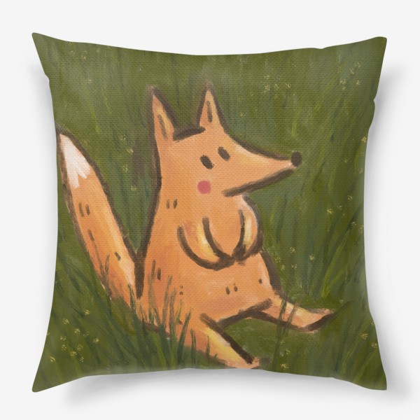 Подушка «Милый лисенок сидит на траве. Пастель. Живопись»