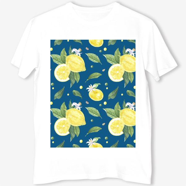 Футболка &laquo;Лимоны и цветы с листьями на синем фоне&raquo;