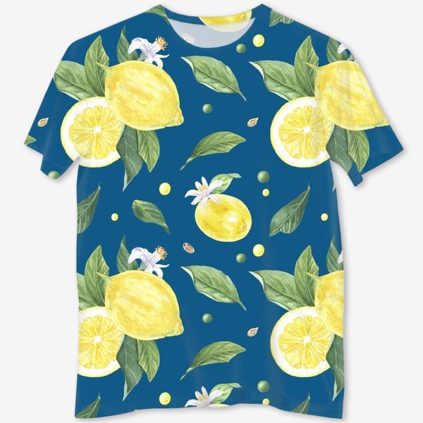 Футболка с полной запечаткой «Лимоны и цветы с листьями на синем фоне»