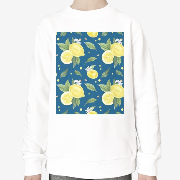 Свитшот &laquo;Лимоны и цветы с листьями на синем фоне&raquo;