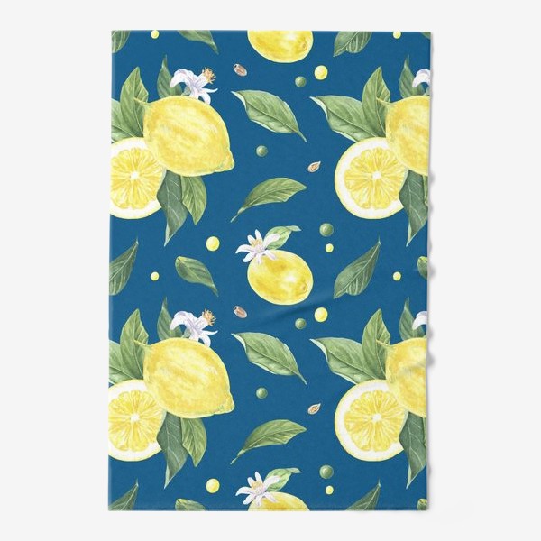 Полотенце «Лимоны и цветы с листьями на синем фоне»
