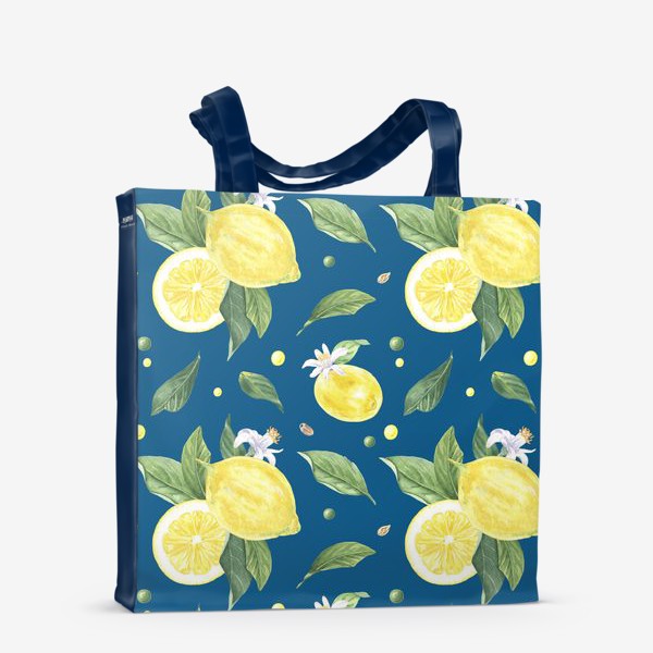 Сумка-шоппер «Лимоны и цветы с листьями на синем фоне»