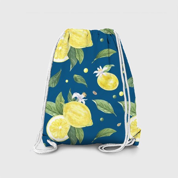 Рюкзак «Лимоны и цветы с листьями на синем фоне»