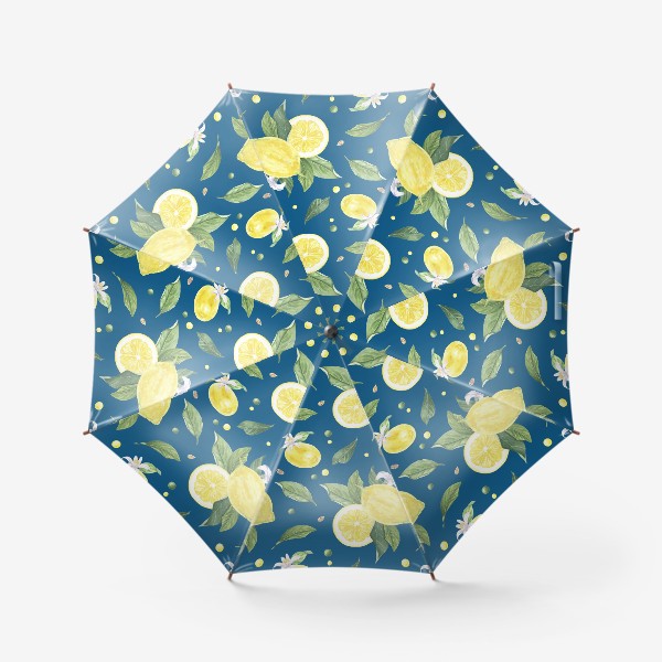 Зонт «Лимоны и цветы с листьями на синем фоне»