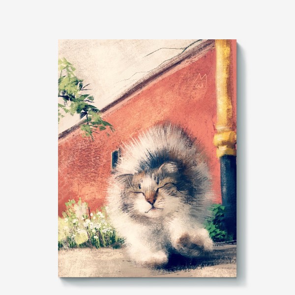 Холст «Кошачьи потягушки, живопись, графика, милый пушистый котенок, кот гуляет на улице»