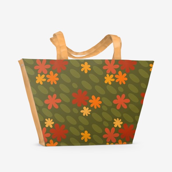 Пляжная сумка «Ретро цветочный принт Оранжевые цветы и горошек»