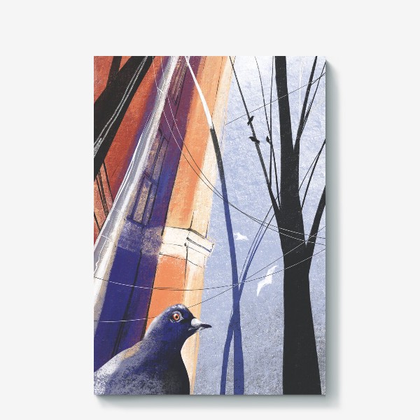 Холст «Городская иллюстрация, архитектурная зарисовка пастелью, птица голубь, скетч»