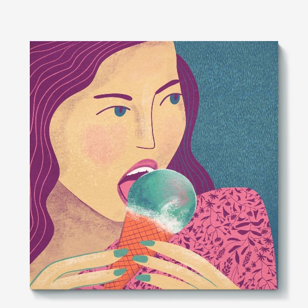 Холст «Девушка с мороженным на сине-зеленом фоне»