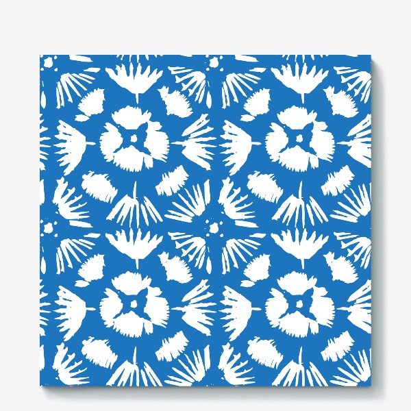 Холст «Голубой узор в стиле Бохо с белыми австрактными цветами »