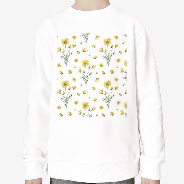 Свитшот «Полевые цветы, желтые лютики на белом фоне»