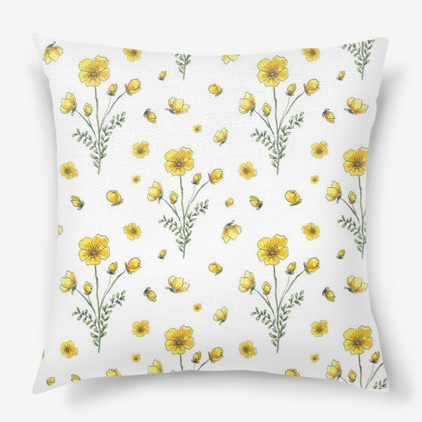 Подушка &laquo;Полевые цветы, желтые лютики на белом фоне&raquo;