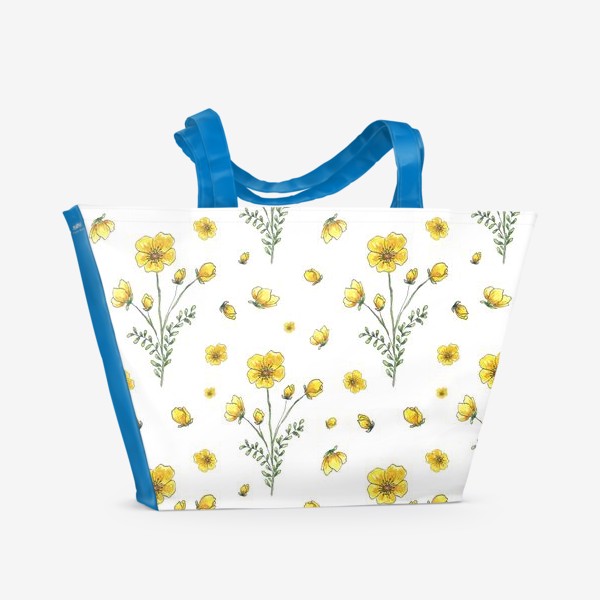 Пляжная сумка «Полевые цветы, желтые лютики на белом фоне»