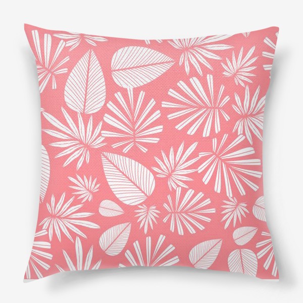 Подушка «Розовый тропический паттерн с листьями пальмы »
