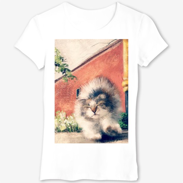 Футболка «Кошачьи потягушки, живопись, графика, милый пушистый котенок, кот гуляет на улице»