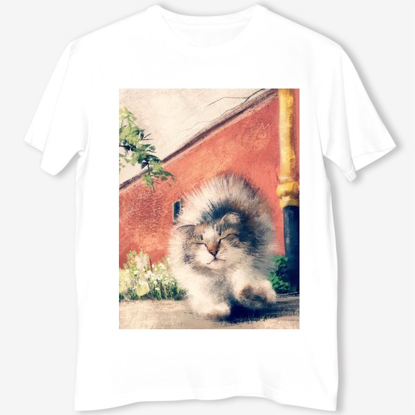 Футболка &laquo;Кошачьи потягушки, живопись, графика, милый пушистый котенок, кот гуляет на улице&raquo;