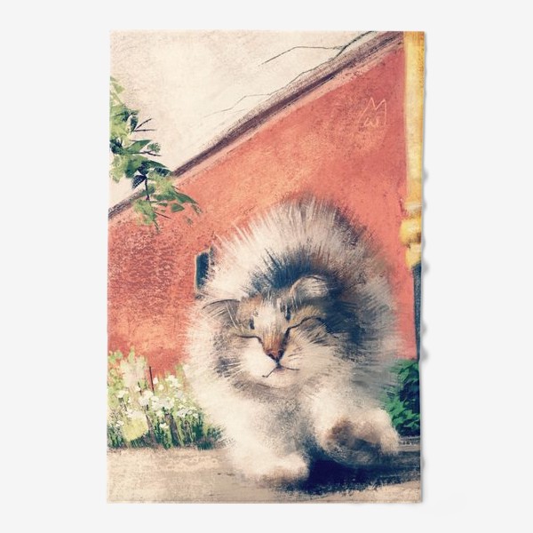 Полотенце «Кошачьи потягушки, живопись, графика, милый пушистый котенок, кот гуляет на улице»