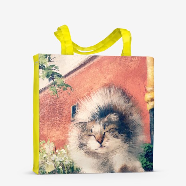 Сумка-шоппер «Кошачьи потягушки, живопись, графика, милый пушистый котенок, кот гуляет на улице»